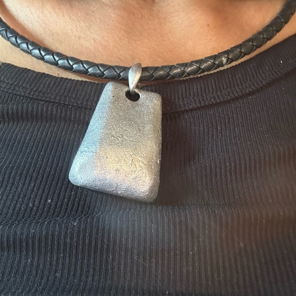 vintage Chico's black leather cord necklace with a silver-tone pendant